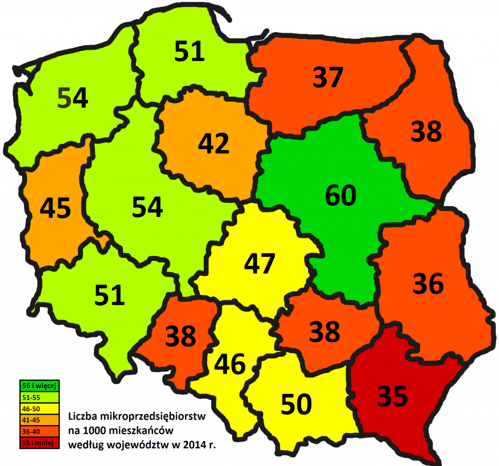 Liczba mikroprzedsiębiorstw na 1000 mieszkańców według województw w 2014